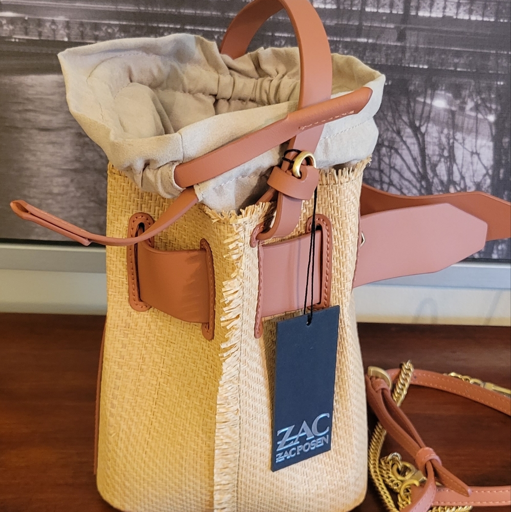 Zac Posen Brigette Belted Raffia Leather Bucket Bag - Picture 8 of 12